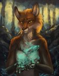  antanariva anthro canine forest fox fur looking_at_viewer male mammal nude solo spirit_animal tree watermark 
