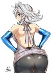  alternate_costume ass back backless_outfit bare_shoulders black_legwear blue_eyes blue_gloves braid breasts cowboy_shot elbow_gloves expressionless from_behind gloves half-closed_eye hands_on_hips highres izayoi_sakuya latex latex_gloves looking_at_viewer looking_back maid_headdress medium_breasts meme_attire pantyhose shiny shiny_clothes short_hair sideboob signature silver_hair simple_background sketch solo tajima_yuuki thighband_pantyhose touhou twin_braids virgin_killer_sweater white_background 