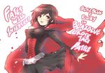  belt black_dress black_hair blazblue blazblue:_cross_tag_battle cape cat_with_a_brush commentary_request copyright_name corset covered_nipples cross dress english multicolored_hair open_mouth red_cape red_hair ruby_rose rwby short_hair silver_eyes solo title two-tone_hair white_background 