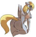  2014 anthro anthrofied anus avante92 blonde_hair blush breasts butt clothing derpy_hooves_(mlp) equine feathered_wings feathers female friendship_is_magic grey_feathers hair hi_res looking_at_viewer mammal my_little_pony nipples pegasus pussy shirt simple_background solo undressing white_background wings yellow_eyes 
