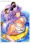  ;d absurdres animal_ears artist_name bikini blue_eyes blush breasts cleavage collarbone eyewear_on_head fang gloves highres innertube large_breasts long_hair looking_at_viewer min-naraken one_eye_closed open_mouth partially_submerged purple_hair scan smile solo sunglasses swimsuit tail tiger_ears tiger_tail toranoana water 