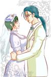  1girl amami_(unburi) blue_hair breasts commentary commentary_request dress glasses green_hair holding_hands large_breasts macross macross_7 maximilian_jenius meltrandi millia_jenius pointy_ears ponytail tuxedo wedding_dress 