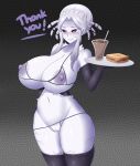  areolae breasts cleavage curvy drink elbow_gloves erect_nipples food gloves hourglass_figure huge_breasts jcdr nipples red_eyes rwby salem_(rwby) sandwich smile solo thighhighs underwear white_hair white_skin wide_hips 