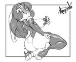  anthro argento arm_warmers armwear blush breasts clothing female greyscale kneeling lagomorph legwear looking_at_viewer looking_back mammal monochrome nipples rabbit rubber smile solo thigh_highs 