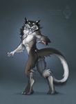  2017 abs alternate_species anthro athletic blue_eyes butt chest_tuft eye_contact feline fur grey_fur happy looking_at_viewer looking_back male mammal multicolored_fur paws pecs pose raesheris signature simple_background smile solo tetton tuft two_tone_fur white_fur yaegerarts_(character) yellow_eyes 