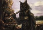  antanariva anthro axe canine fur looking_at_viewer male mammal melee_weapon muscular outside solo standing weapon 