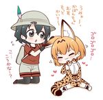  :3 animal_ears backpack bag black_eyes black_gloves black_hair black_legwear blush bow bowtie chibi closed_eyes commentary_request elbow_gloves gloves hat hat_feather heart helmet high-waist_skirt kaban_(kemono_friends) kemono_friends kneeling migu_(migmig) multiple_girls open_mouth orange_hair pantyhose petting pith_helmet purring red_shirt serval_(kemono_friends) serval_ears serval_print serval_tail shirt short_hair short_sleeves shorts simple_background sitting skirt sleeveless sleeveless_shirt striped_tail tail translated white_background 