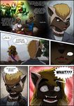  5_fingers anthro black_nose blonde_hair breasts brown_eyes brown_hair canine cat clothed clothing comic day detailed_background dog english_text feline female hair mammal mustelid mykegreywolf open_mouth outside smile teeth text tongue wolf wolverine 