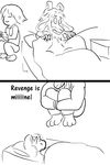  asgore_dreemurr beard bed caprine clothed clothing dialogue facial_hair goat haaru human humor jumping mammal on_bed protagonist_(undertale) smile under_covers undertale video_games 