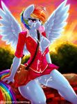  2015 anthro anthrofied blue_feathers blue_fur breasts bubble_gum clothing cum cum_in_pussy cum_inside cum_on_breasts cum_on_face dimwitdog equine feathered_wings feathers female friendship_is_magic fur hi_res mammal multicolored_tail my_little_pony nipples one_breast_out pegasus purse pussy rainbow_dash_(mlp) rainbow_tail skirt solo wings 