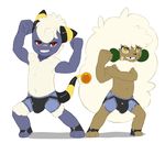  2017 bulge clothed clothing costume cotton cub duo flexing littlerager male mammal mareep muscular nintendo pok&eacute;mon pose red_eyes video_games whimsicott wrestling yellow_eyes young 