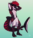  4_toes anthro charmrage ear_piercing fin fin_piercing fish furgonomics furry-specific_piercing hair marine piercing red_hair shark simple_background smile solo teeth toes towel 