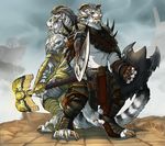  anthro armor axe blackchaos666 charr claws fangs feline female flat_chested fluffy fluffy_tail fur guild_wars hammer hi_res horn mammal mane melee_weapon multi_ear plate_armor shield simple_background sky solo tools video_games weapon white_eyes white_fur yellow_eyes 