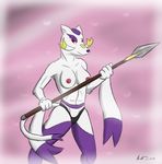  alex.fetter anthro breasts female melee_weapon mienshao nintendo nipples pok&eacute;mon polearm simple_background solo spear video_games weapon 