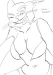  2017 black_and_white bra breasts cat clothing condom feline female first_person_view grin inner_ear_fluff lynx mammal monochrome navel punkydreamer simple_background smile solo underwear whiskers 