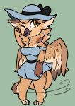  avian barefoot bird blush chibi digitigrade feathered_wings feathers female gryphon huntresskitteh one_eye_closed owl simple_background solo sona_(noxiis) sundress sunhat wind wings wink 