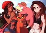  brown_hair charmrage clothed clothing day hair human mammal midriff navel nintendo open_mouth outside paws pok&eacute;mon red_eyes sky slowpoke smile torracat video_games 