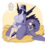  anthro big_breasts black_hair breasts digital_media_(artwork) dragon duo english_text female hair hair_over_eye horn human human_on_anthro interspecies larger_anthro larger_female male male/female mammal nude scalie shyguy9 size_difference slightly_chubby smaller_male sweat text thick_thighs wide_hips wings 
