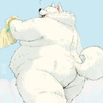  anthro belly big_belly big_butt butt canine digital_media_(artwork) eyes_closed fluffy fluffy_tail fur jewelry kemono male mammal moobs musical_note neck_tuft nude open_mouth outside overweight simple_background solo totemoii_029 towel tuft white_fur 