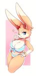  2017 4_fingers anthro antlers big_breasts bikini breasts cleavage clothed clothing digital_media_(artwork) dipstick_ears ear_piercing eyebrows eyelashes female fur hand_on_hip hi_res horn huge_breasts jackalope lagomorph looking_at_viewer mammal maya midriff navel one_eye_closed piercing pink_nose secretly_saucy simple_background smile solo swimsuit thick_thighs white_fur wide_hips wink 