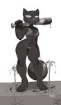  2017 4_fingers anthro ball baseball_bat bikini blood breasts cat claws clothed clothing digital_media_(artwork) feline female fountain fur looking_at_viewer mae_(nitw) maiz-ken mammal monochrome navel net night_in_the_woods nipple_bulge pinup pose simple_background solo standing swimsuit thorn_clothing water white_background 