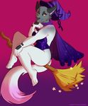  anja_(character) anthro bare_legs bedroom_eyes broom canine cape clothed clothing dog female flying fur grey_fur hakuho_(artist) half-closed_eyes halloween hat holidays looking_at_viewer mammal pink_fur seductive simple_background sleepytroll_(artist) smile witch_costume yellow_eyes 