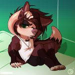  5_fingers anthro brown_hair canine charmrage clothed clothing dog ear_piercing facial_piercing green_eyes hair horn male mammal nose_piercing nose_ring piercing sitting smooth_horn solo 