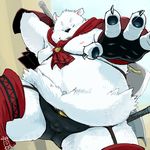  anthro bear belly big_belly black_nose claws clothed clothing digital_media_(artwork) eyes_closed fur half_naked kemono male mammal melee_weapon moobs navel nipples outside overweight polar_bear simple_background solo sword tongue totemoii_029 underwear weapon white_fur 