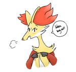  big_ears blush breath canine cute_fangs delphox dialogue female first_person_view fur inner_ear_fluff looking_at_viewer mammal nintendo orange_eyes orange_fur pok&eacute;mon red_eyes red_fur simple_background smile solo speech_bubble unknown_artist video_games white_background yellow_fur 
