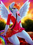  2015 anthro anthrofied blue_feathers blue_fur breasts bubble_gum clothed clothing dimwitdog equine feathered_wings feathers female friendship_is_magic fur hair hi_res mammal multicolored_hair multicolored_tail my_little_pony nipples one_breast_out pegasus purse pussy rainbow_dash_(mlp) rainbow_hair rainbow_tail skimpy skirt solo wings 