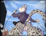  2017 alternate_version_available anthro blue_eyes breasts butt camera caught clothing disney fabienne_growley feline female first_person_view fur leopard looking_back low-angle_view mammal microphone no_underwear outside pussy skirt snow_leopard solo spots spotted_fur spotty_the_cheetah surprise video_camera worm&#039;s-eye_view zootopia 