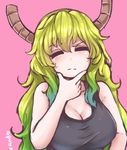  5_fingers animal_humanoid blonde_hair blue_hair blush breasts cleavage clothed clothing compression_artifacts eyes_closed female green_hair hair hand_on_chin horn humanoid long_hair miss_kobayashi&#039;s_dragon_maid pink_background quetzalcoatl_(dragon_maid) raised_eyebrow reaction_image signature simple_background solo unknown_artist 