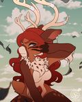  anthro breasts brown_hair cervine charmrage day deer ear_piercing eyelashes featureless_breasts female hair mammal outside piercing sky solo 