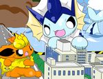  ambiguous_gender angry building city eeveelution feral flareon green_eyes jolteon macro nintendo pok&eacute;mon sitting size_difference thirteen vaporeon video_games water wet 