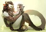  ambiguous_gender anthro black_fur charr claws clothing cub duo embrace feline female flat_chested fluffy fluffy_tail fur guild_wars hi_res horn male mammal mane mother multi_ear parent scar toe_claws twistedhound video_games white_fur young 