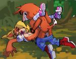  5_fingers anthro balls bandicoot blonde_hair bottomless breasts brother brother_and_sister clenched_teeth clothed clothing clothing_lift coco_bandicoot crash_bandicoot crash_bandicoot_(series) digital_media_(artwork) duo eyebrows female gloves hair incest lying male male/female mammal marsupial missionary_position nipples on_back open_mouth panties panties_around_one_leg pants_down partially_clothed penetration saladbomb sex shirt shirt_lift sibling sister small_breasts spread_legs spreading teeth underwear underwear_around_one_leg vaginal vaginal_penetration video_games 