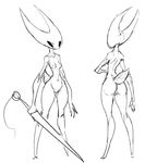  2017 arthropod black_and_white breasts claws female guoh hollow_knight hollow_knight_(species) hornet_(hollow_knight) humanoid insect melee_weapon monochrome pussy simple_background solo video_games weapon white_background 