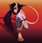  4_toes 5_fingers ambiguous_gender anthro barefoot black_hair charmrage clothed clothing digitigrade feline gradient_background hair lion mammal pale_eyes simple_background solo toes 