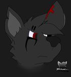  anthro black_fur canine cross demon demonic_eye fur grey_background mammal piercing red_eyes sarrow simple_background solo wolf zedthefox 