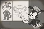  4_fingers 8horns animaniacs anthro blush cat clothed clothing dot_warner eyes_closed feline female flat_chested gloves greyscale male mammal monochrome nude pussy smile topless warner_brothers yakko_warner 