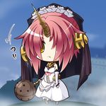  :t castle chibi commentary_request dress elbow_gloves fate/apocrypha fate_(series) frankenstein's_monster_(fate) gloves hair_over_one_eye holding holding_weapon horn looking_at_viewer night outdoors pink_hair pout shachoo. short_hair solo veil weapon white_dress white_gloves yellow_eyes 