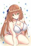  bangs bare_shoulders bikini blush breasts brown_hair cleavage closed_mouth collarbone commentary_request curvy eyebrows_visible_through_hair girls_frontline gradient gradient_background green_eyes hair_between_eyes half-closed_eyes highres kurigura_(sketch_san) large_breasts long_hair looking_at_viewer m1903_springfield_(girls_frontline) navel o-ring o-ring_top seductive_smile sidelocks sitting skindentation smile solo sparkle swimsuit thighs very_long_hair white_bikini yokozuwari 