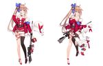  black_legwear blue_eyes blush breasts brown_hair cleavage closed_mouth eyebrows_visible_through_hair fal_(girls_frontline) gift girls_frontline gun holding holding_gun holding_weapon large_breasts looking_at_viewer ponytail ribbon santa_costume suisai thighhighs torn_clothes weapon yellow_ribbon 
