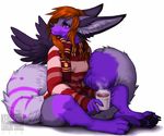 4_toes 5_fingers anthro barefoot black_pawpads brown_hair canine clothed clothing digitigrade female fennec fox fur hair hybrid inner_ear_fluff kero_tzuki mammal pawpads purple_eyes purple_fur simple_background sitting solo toes white_background 