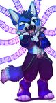 2017 4_toes 5_fingers anthro black_lips blue_fur blue_hair canine digitigrade fur hair kero_tzuki male mammal open_mouth simple_background solo standing teeth toes tongue wolf 
