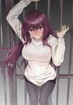  against_fence blush breasts closed_mouth covered_nipples fate/grand_order fate_(series) fence hair_between_eyes hair_intakes highres large_breasts long_hair long_sleeves looking_at_viewer looking_up pantyhose prison purple_hair red_eyes scathach_(fate)_(all) scathach_(fate/grand_order) solo sweater thighband_pantyhose white_sweater yoshiki360 