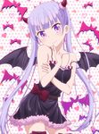  &gt;:) absurdres bare_shoulders bat black_dress blush demon_girl demon_horns demon_wings dress finger_to_face hand_on_own_arm heart highres horns long_hair looking_at_viewer new_game! non-web_source open_mouth pointing pointing_at_self polka_dot polka_dot_background purple_eyes purple_hair ribbon sash screencap shiny shiny_hair smile solo stitched succubus suzukaze_aoba third-party_edit v-shaped_eyebrows very_long_hair wings 