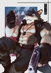  abs absurd_res anthro armor biceps biped black_fur black_hair blue_background blue_eyes claws clothed clothing digital_media_(artwork) digitigrade discordnight dog_tags feet fur gun hair hair_tuft hi_res humanoid_hands long_tail looking_at_viewer male mammal multicolored_fur muscular muscular_male pants pecs ranged_weapon sergal simple_background smile snout solo standing teeth toe_claws toes tongue topless two_tone_fur two_tone_tail unconvincing_armor weapon white_fur 