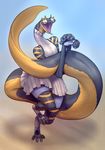  anthro barefoot big_tail breasts claws clothing cornflakes_(character) derek_hetrick dress fangs fingerless_gloves forked_tongue gloves happy open_mouth open_smile reptile scalie sea_snake smile snake solo toe_claws tongue 