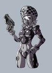  a4typhoon absurdres bodysuit bracer breasts caduceus checkered checkered_hat covered_mouth covered_navel cowboy_shot cropped_legs dithering emblem face_mask finger_on_trigger grey_background greyscale gun hand_on_hip hand_up handgun hat heart highres holding holding_gun holding_weapon legs_apart looking_at_viewer mask medium_breasts monochrome navel original short_hair simple_background snake staff standing weapon winged_heart wings 